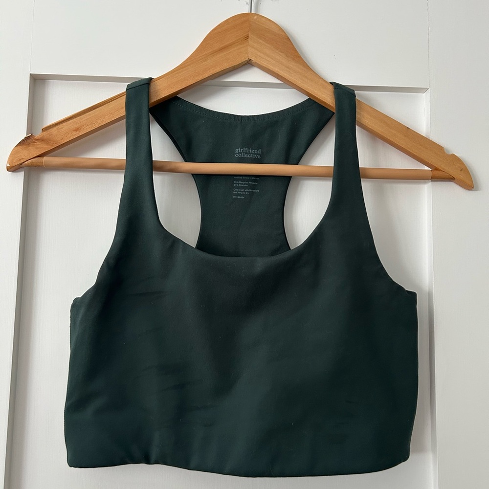 Girlfriend collective dark green racerback sports bra size S